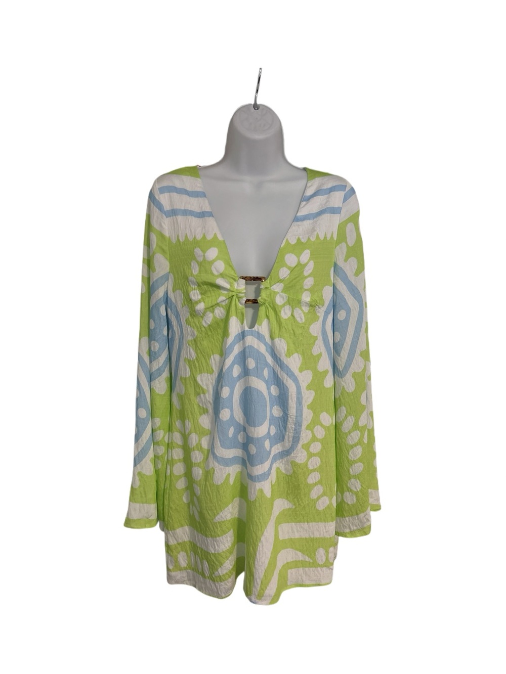 Seven Wonders Caledeira O-Ring  V-Neck Mini Dress Boho Vacation Lime Blue Size M